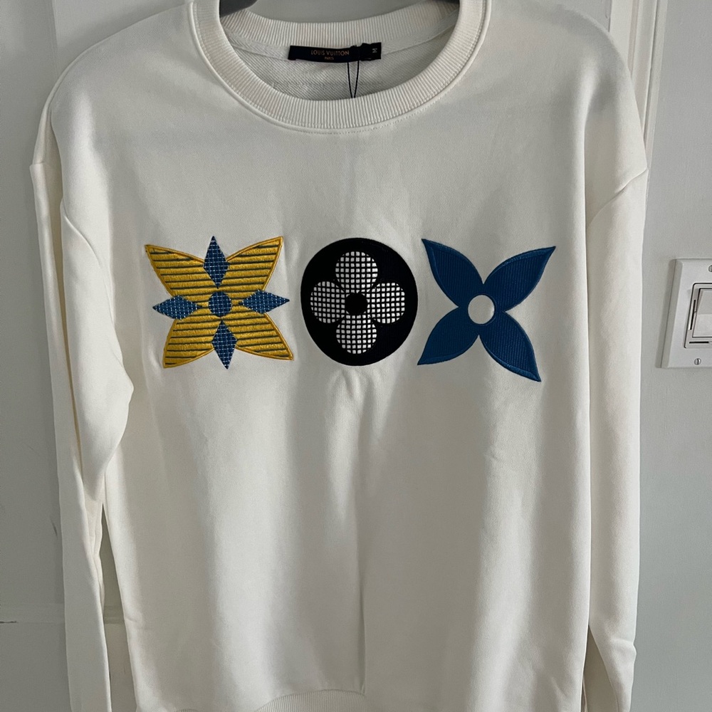 Louis Vuitton White Sweater with Yellow, Black, and Blue Accents